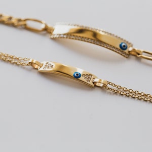 14K Yellow Gold Personalized CZ Evil Eye ID Bracelet " - Custom Engraving Baby Kids Bracelet