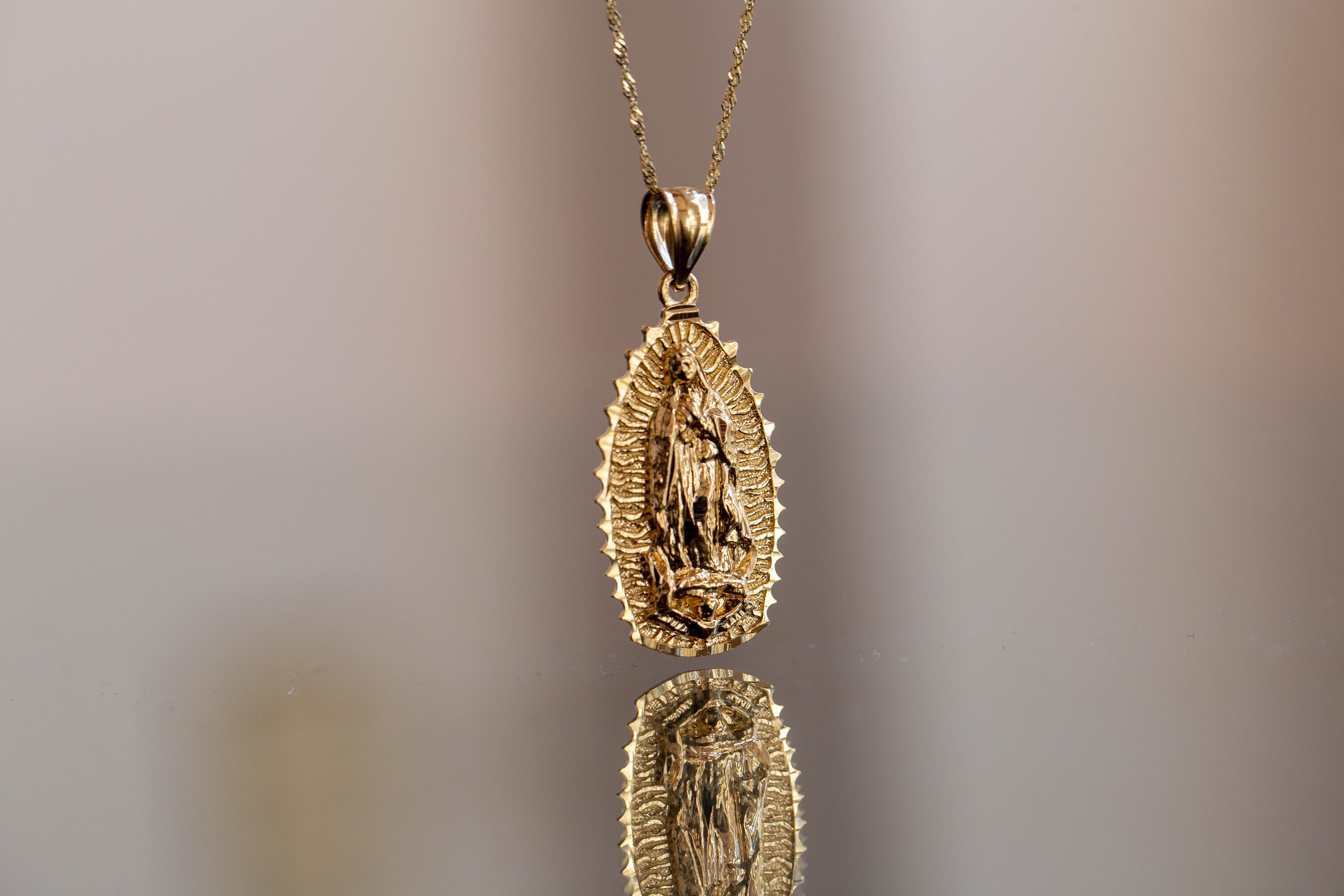 14k Solid Yellow Gold Virgin De Guadalupe Pendant Charm Necklace ...