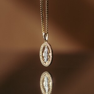 14K Solid Yellow & White Gold Virgin Mary Oval Medal Pendant With Halo ...