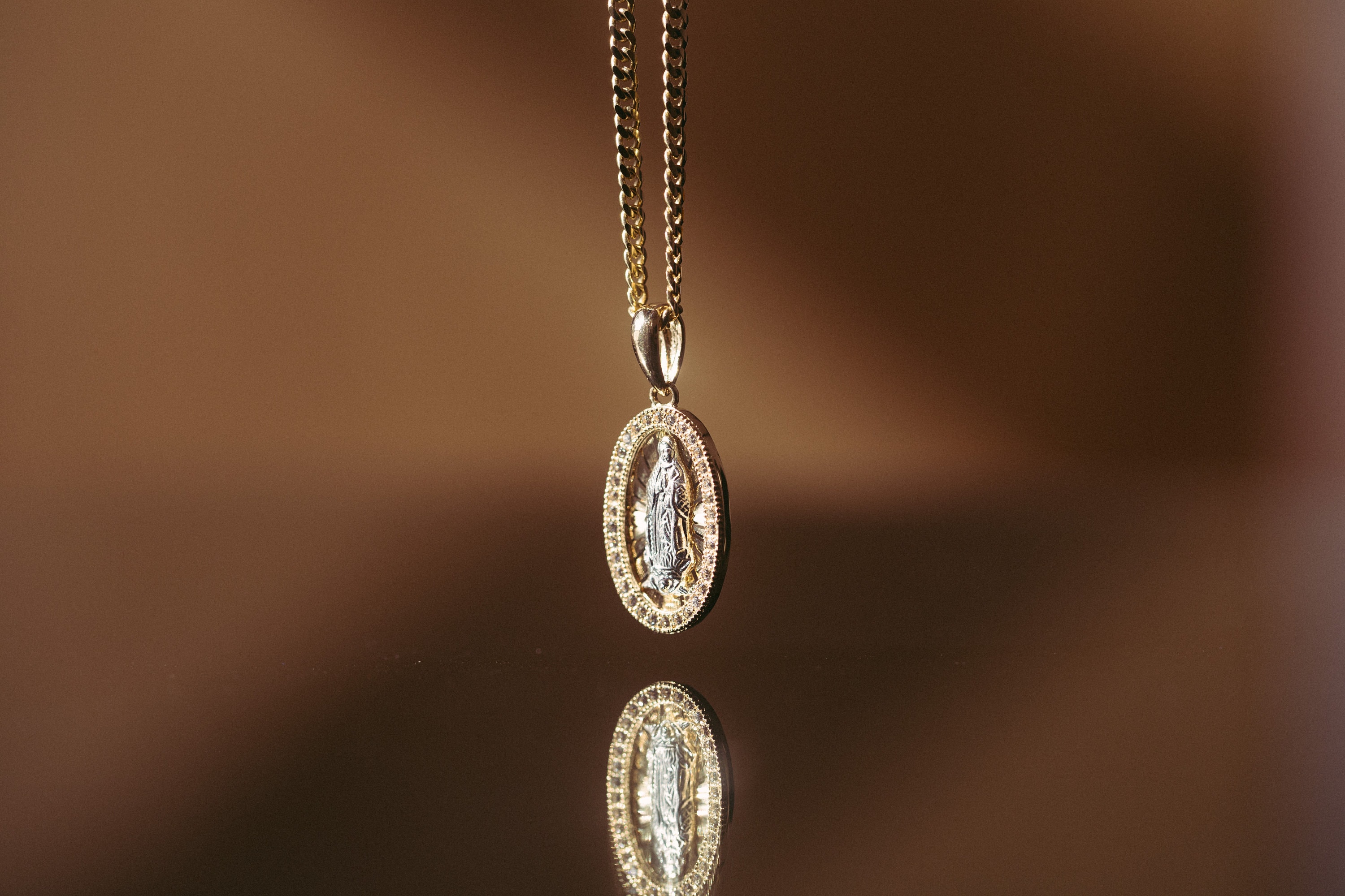 14K Solid Yellow & White Gold Virgin Mary Oval Medal Pendant With Halo ...