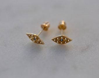 14k Solid Yellow Gold Evil Eye Rook Stud Earrings | Evil Eye Earring | Solid Gold Cubic Zirconia Tragus Eye Earring | Evil Eye Helix Stud