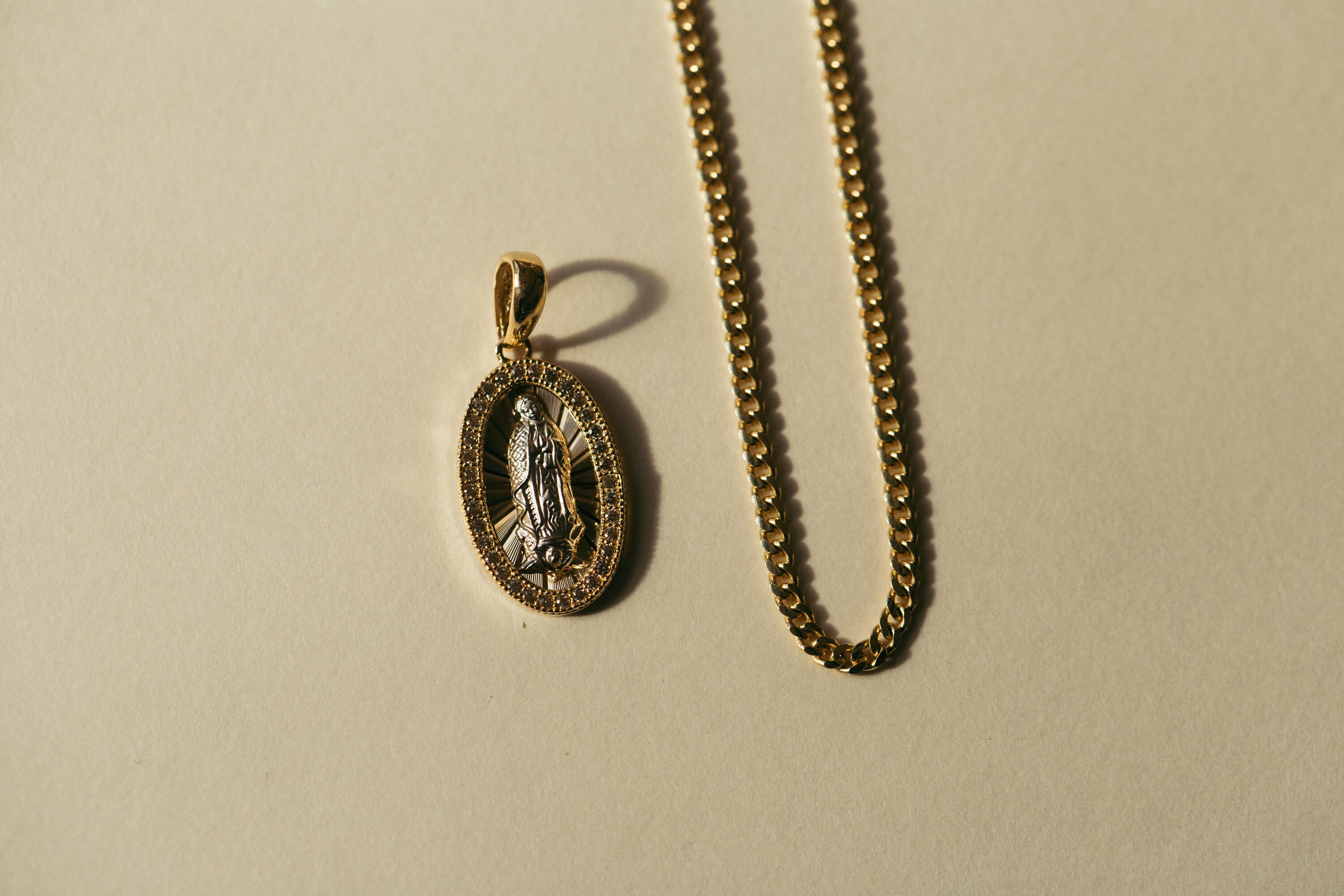 14K Solid Yellow & White Gold Virgin Mary Oval Medal Pendant With Halo ...