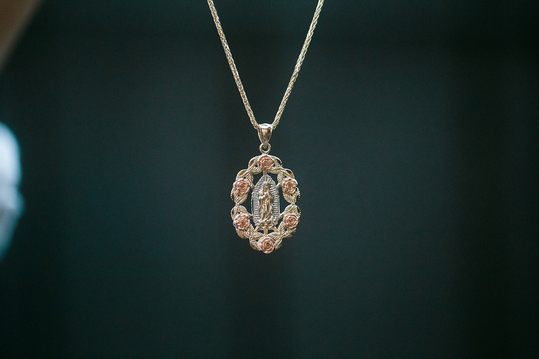14K Solid Tri Color Gold Virgin Mary Guadalupe Rose Oval Frame Pendant ...