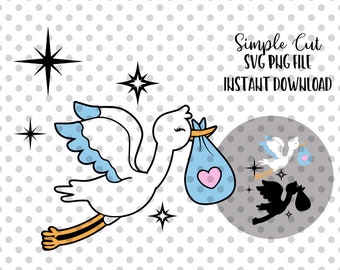 May include: A white stork with blue wings carrying a blue and pink baby bundle. The stork is flying against a white background with black polka dots. The text "Simple Cut SVG PNG File Instant Download" is in the upper right corner of the image.