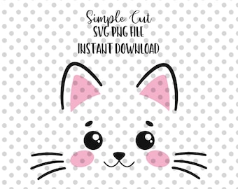 Chat visage SVG mignon Kitty cils bébé chat tête Kawaii chaton moustaches coupe fichier anniversaire fille Silhouette Cricut vinyle chemise body fer sur
