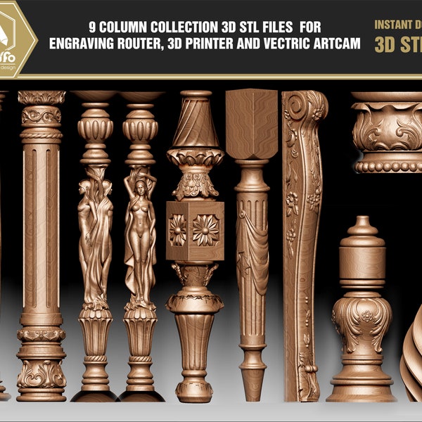 9 column collection 3d stl files for engraving router, 3d printer and vectric artcam - Télécharger