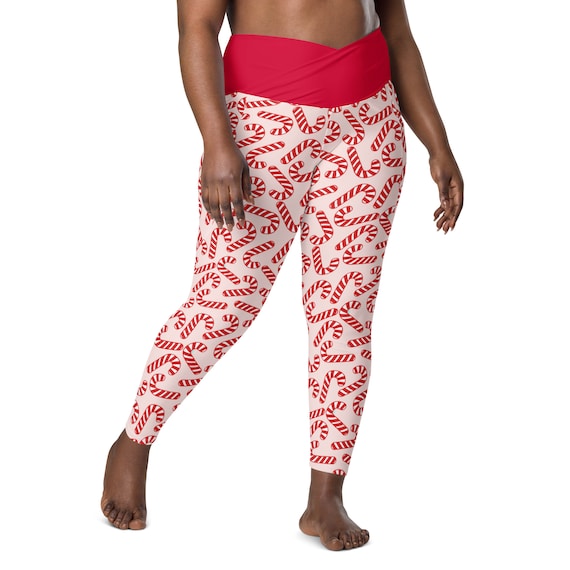 Crossover Candy Canes Christmas Leggings With Pockets, High Waist