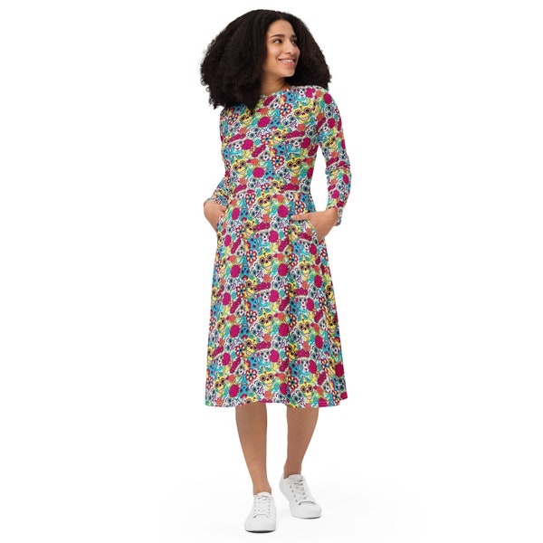 Robe midi imprimée Sugar Skulls, Robe d'été décontractée avec poches, Robe gothique, Robe de soirée, Imprimé intégral, Grande taille, Cadeau pour elle