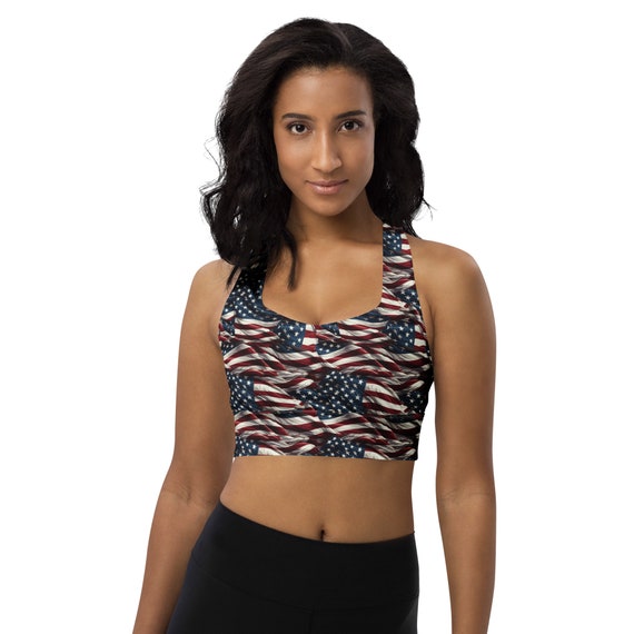 USA Flag Printed Sports Bra, American Patriotic Gym Workout Bra