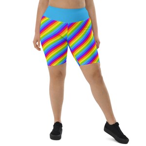 LGBTQ Rainbow Striped Biker Shorts Women, Lesbian Pride Shorts, Gym Workout Running Athletic Shorts, All Over Print, Lesbian Gift, Plus Size
