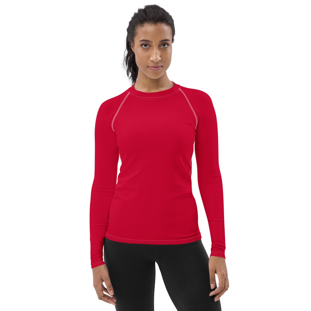 Red Color Rusher Shoulder Vibrant Crimson Red Printed Rash Guard Women, Swim Surf Shirt, Long ...