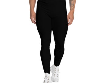 Solid Plain Black Printed Leggings for Men, Exercise Fitness Leggings, Workout Streetwear Leggings, Plus Size Yoga Leggings, Gift for Him