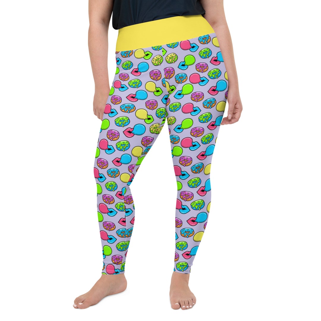 Lips Smacking Bubble Gum Leggings, Plus Size Leggings for Women, Retro