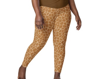 Giraffe Spotted Leggings for Women, Plus Size Animal Printed Workout Fitness Leggings, High Waist Crossover Giraffe Lover Leggings w Pockets