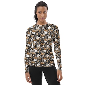 Dinosaur Bones Printed Women&#39;s Rash Guard, Yoga Workout Fitness Rash Guard, Long Sleeve Women&#39;s Activewear, Science Biology Gifts for Her