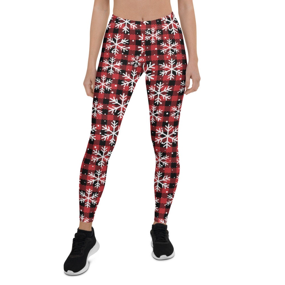 Christmas Plaid Leggings Snowflakes 