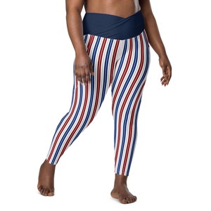 Striped Patriotic Leggings for Women, Festive Plus Size July 4th Leggings, High Waisted Crossover Leggings with Pockets, Independence Day