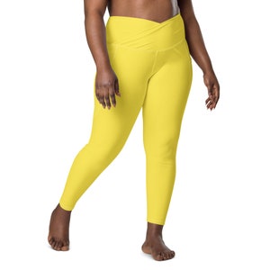 Solid Yellow Leggings for Women, Plain Yellow Leggings,High Waisted Crossover Leggings with Pocket, Plus Size Printed Leggings,Workout Pants