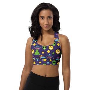 Aliens Sci-Fi Sports Bra, UFO Martians Printed Sports Bra, Women Sports Bra, Athletic Bra, Gym Workout Bra, Yoga Bra, Fitness Bra, Gifts
