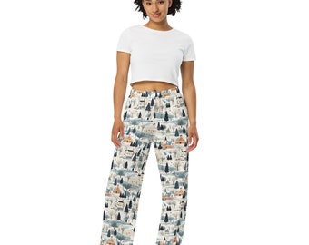 Pantalones PJ unisex con estampado de paisajes urbanos nevados de invierno, regalo para amantes de la naturaleza, pantalones de salón cómodos y acogedores con bolsillos, pantalones de cintura elástica con estampado completo