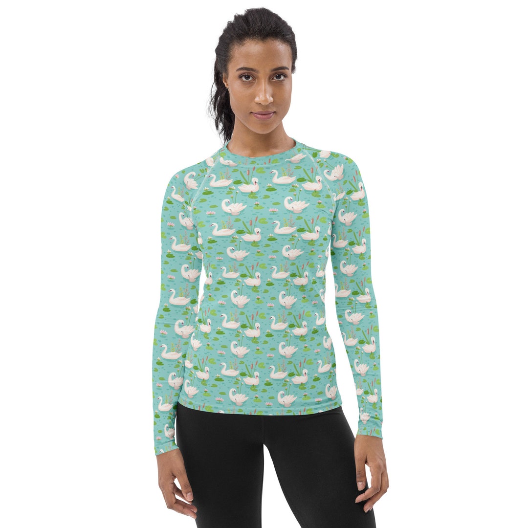 Pattern Rash Guard Pastel Swan Birds Printed Rash Guard, Comfy Animal Pattern Rash Guard ...