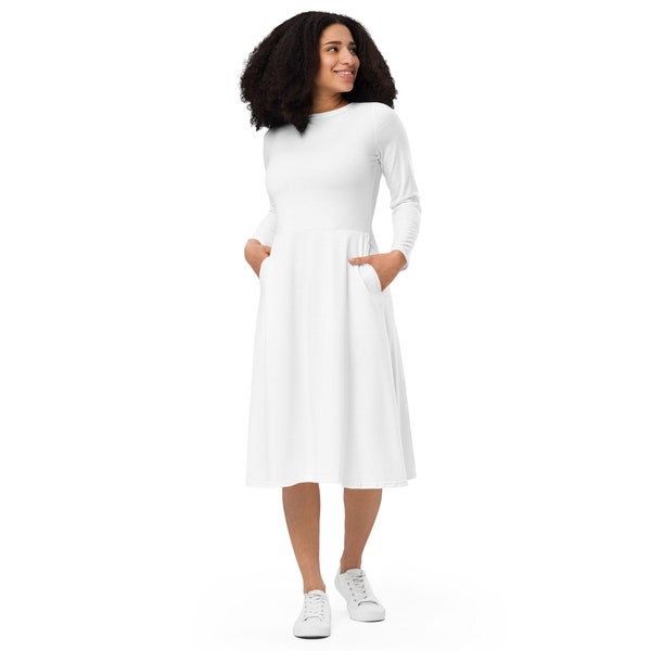 Solid White Midi Dress, Full Sleeves Dress, Casual Evening Party Dress, Beach Dress, Plus Size Dress with Pockets, Plain White Summer Dress