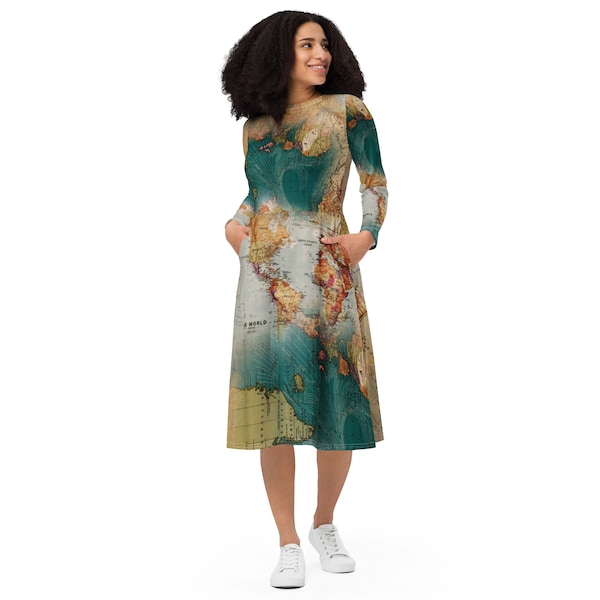 World Map Printed Midi Dress | Summer Dress with Pockets | All over Print Dress | All the Flags | Long Sleeve | Casual Cute Round Neck Dress