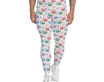 Peace Signs Printed Men's Leggings, Unique Plus Size Comfy Streetwear Leggings, Men's Activewear, All Over Print Boho Hippie Leggings Tights