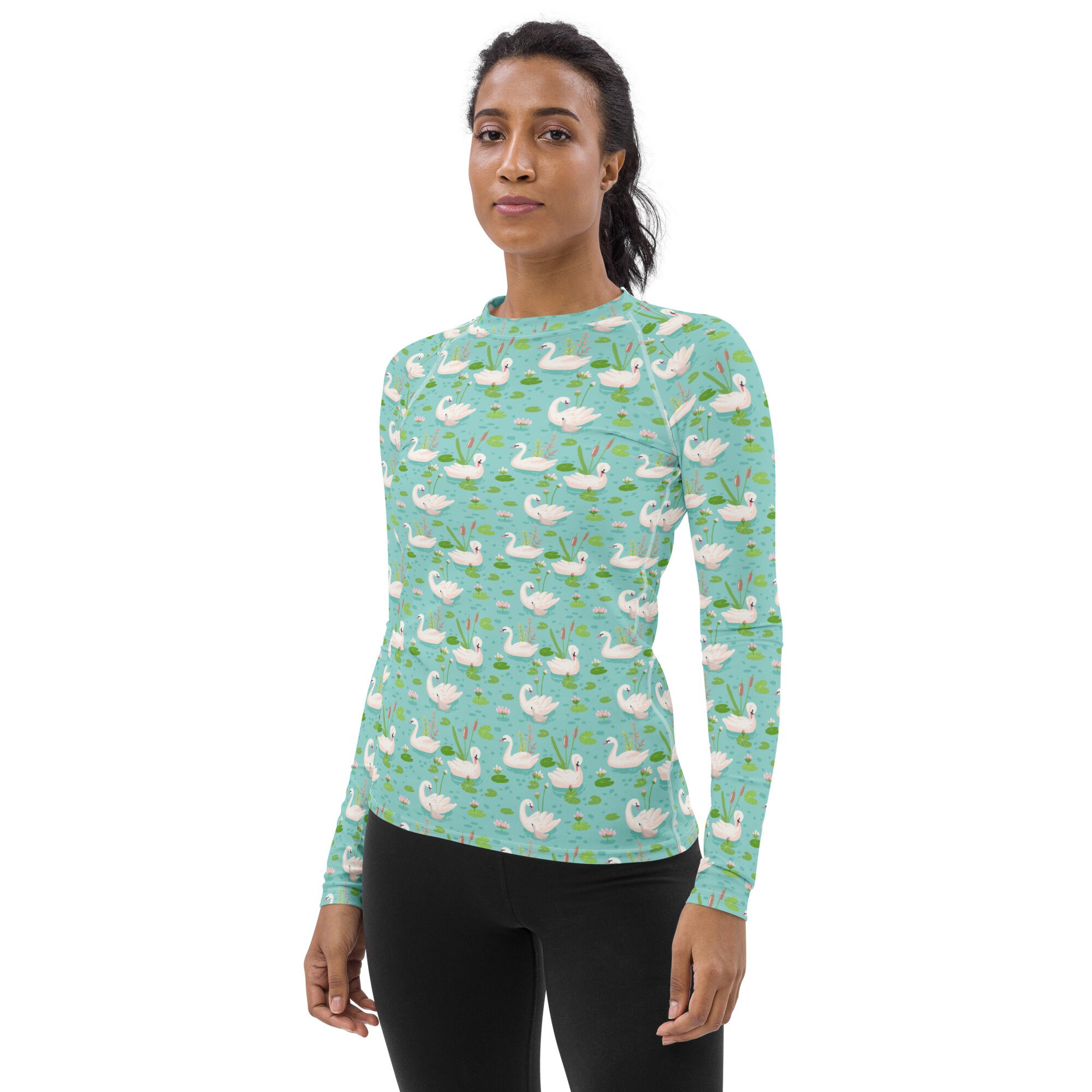 Pastel Swan Birds Printed Rash Guard, Comfy Animal Pattern Rash Guard ...