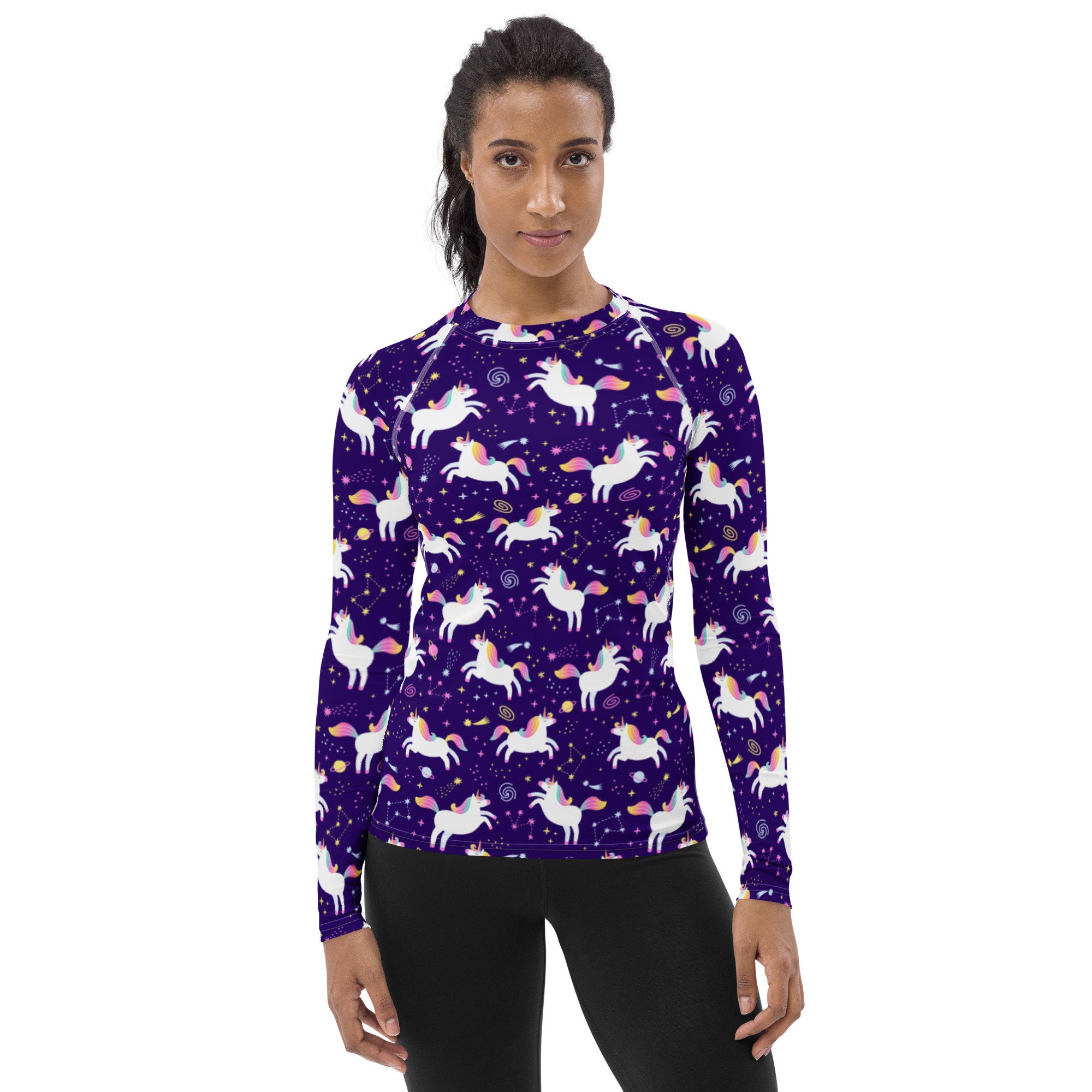 Unicorn Printed Rash Guard, Funny Rash Guard, Long Sleeve Yoga Workout Rash Guard, Jiu Jitsu BJJ Women Activewear, Unicorn Lover Gifts