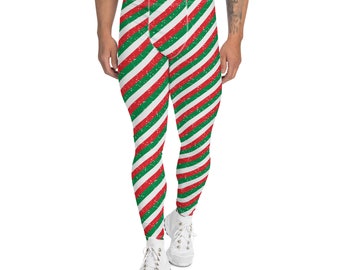 Christmas Striped Leggings for Men, All Over Print Xmas Holiday Festival Leggings, Gym Workout Fitness Leggings, Christmas Gift for Him