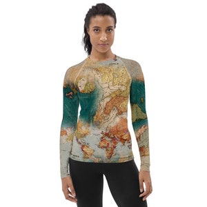 World Map Rash Guard, Wanderlust Rash Guard, Long Sleeve, Yoga Workout Rash Guard, Women Empowerment, Jiu Jitsu BJJ Women Activewear