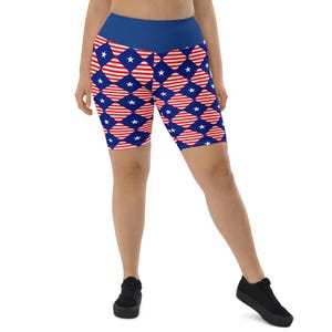 USA Flag Patriotic Biker Shorts, American Flag AOP Shorts Women, 4th of July Gifts, Designer Athletic Shorts, USA Patriotic Gifts, Plus Size