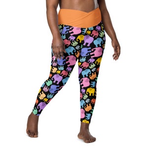 Elephant Lover Leggings for Women, Plus Size Fitness Yoga Leggings, Crossover Workout Leggings, High Waist Zoo animal Leggings with Pockets