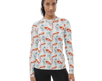Koi Fish Printed Women's Rash Guard, Unique Jiu Jitsu BJJ MMA Rash Guard, Athletic Gym Workout Rash Guard, Outdoor Crossfit Rash Guard