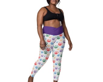 Peace Signs Printed High-Waist Crossover Leggings, All Over Print Athletic Leggings, Plus Size Exercise Workout Leggings with Pockets, Gift