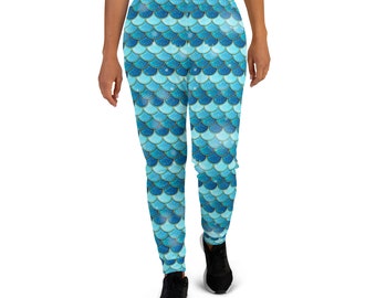 Mermaid Scales Printed Joggers, Nautical Ocean Joggers Sweatpants, Sea Animal Joggers for Women, Yoga Pants Leggings, Mermaid Lover Gifts