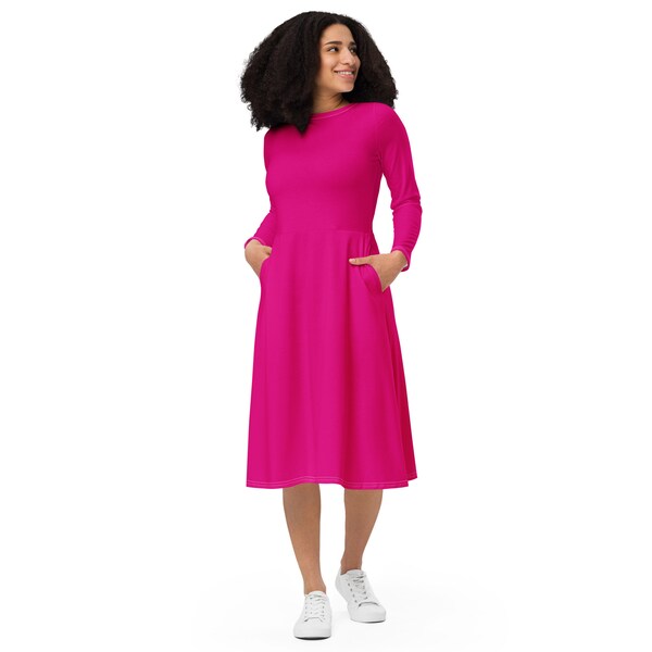 Solid Hot Pink Midi Dress, full Sleeves Dress, Casual Evening Party Dress, Beach Dress, Plus Size Dress with Pockets, Plain Hot Pink  Dress