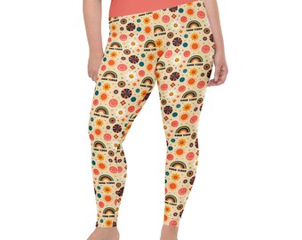 Good Vibes Printed Women Leggings, Gift, Hippie Theme All Over Print Gym Workout Fitness Plus Size Leggings, Yoga Pants, Womens Activewear
