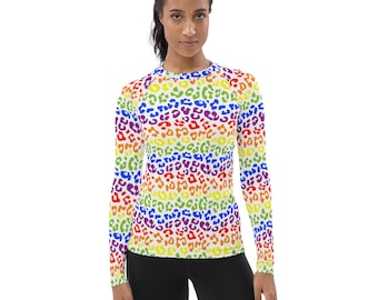 Rainbow Cheetah Printed Womens Rash Guard, Leopard Spotted Swim Surf Shirt, Sportswear Fitness Rash Guard, Women activewear, Jiu Jitsu BJJ