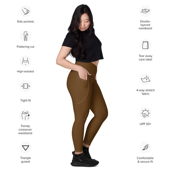 Solid Brown Leggings for Women, 2XS 6xl,crossover Leggings With