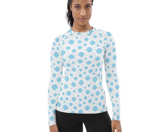 Snowflake Print Festive Holiday Rash Guard, Christmas Fitness Rash Guard, Long Sleeve Yoga Guard, Women Activewear, Jiu Jitsu BJJ Rash Guard
