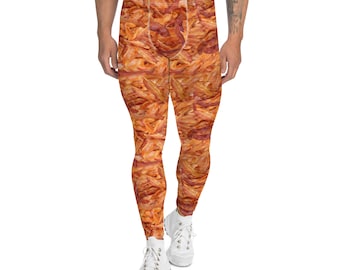 Bacon Food Printed Leggings for Men, Comfy Gym Workout Leggings, Yoga Pants, Plus Size Exercise Leggings, Bacon Lover Foodie Gift for Him