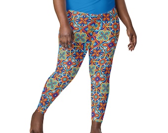 Geometric Patterned Leggings for Women, Plus Size Leggings, Workout Leggings, Crossover High Waist Leggings with Pockets, Fitness Yoga Pants