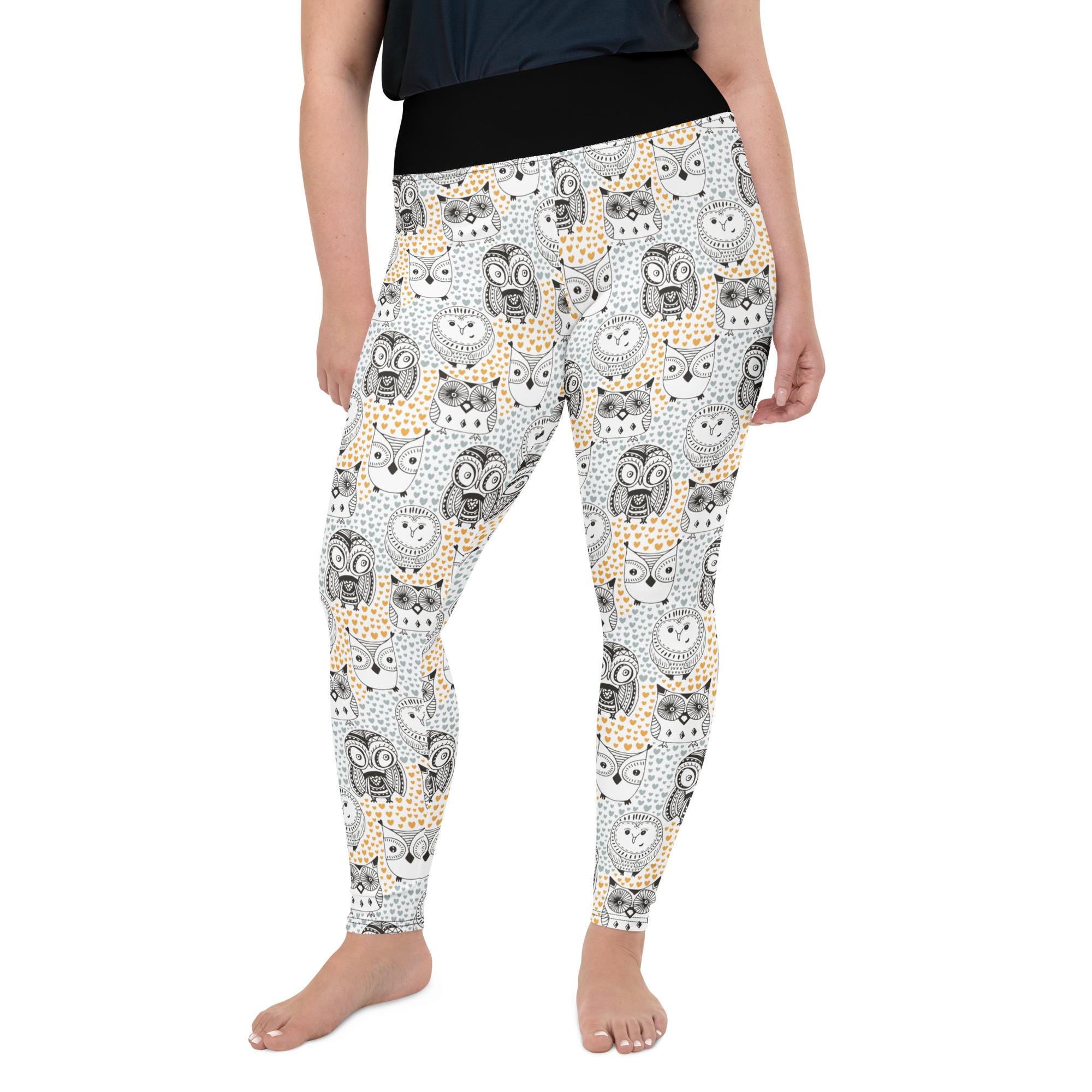 Owls Printed Women Leggings, Owl Lover Gift For Her, All Over Print, Gym Workout Fitness Plus Size L