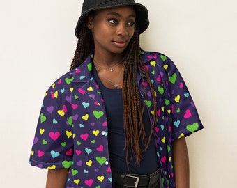 Konfetti-Herzen bedrucktes Button-Down-Shirt, süßes ästhetisches Mode-Streetwear-Shirt, All-Over-Print-Loungewear, Aloha-Hawaii-Strandshirt