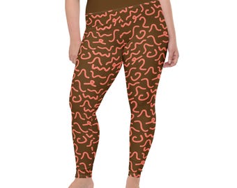 Earthworms Animal Printed Women Leggings, Plus Size Sports Activewear Leggings, Premium Yoga Workout Gym Exercise Leggings, Worm Lover Gift