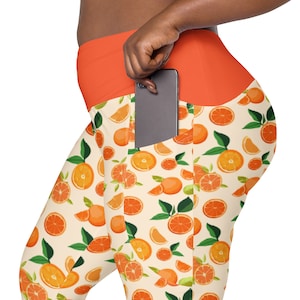 Citrus Orange Fruit Leggings for Women, Stylish Workout Leggings, High Waist Yoga Pants, Soft Stretchy Gym Leggings, Foodie Gift, Plus Size