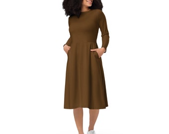 Solid Brown Midi Dress, Full Sleeves Dress, Casual Evening Party Dress, Beach Dress, Plus Size Dress with Pockets, Plain Brown Summer Dress