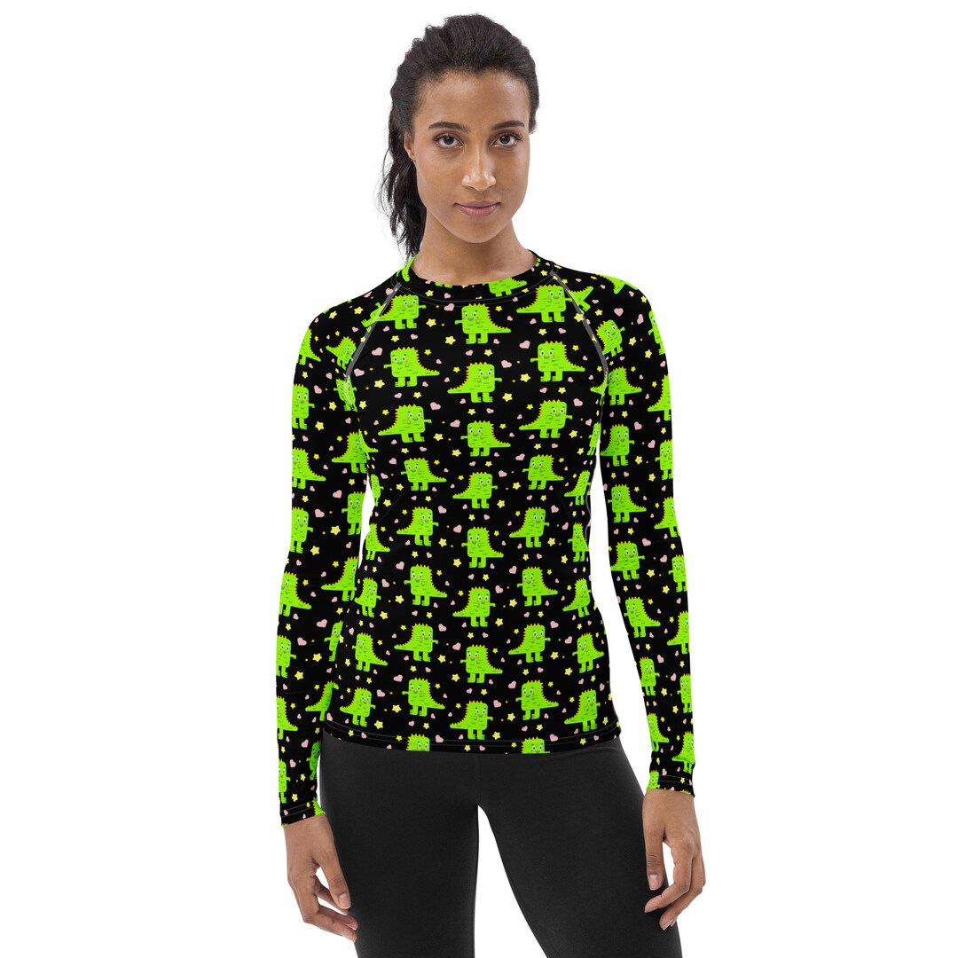 Green T-rex Dinosaur Printed Rash Guard Women, Swim Surf Shirt, Cute ...